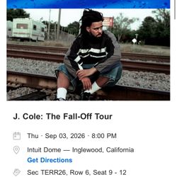 J Cole: The Fall-Off Tour:   Thursday, September 3, 2026 TRRR26, Row 6 Seats 9-12