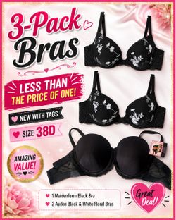 3-Pack Women’s Bras – Size 38D – New With Tags