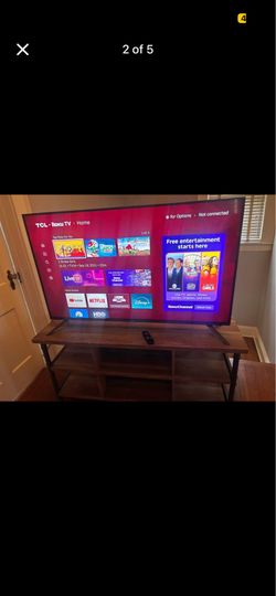55" TCL 6-Series 4K Roku Smart TV (Model 55R613-B), remote, and a rustic industrial wood & dark metal pipe TV stand by Twin-Star International (fits u