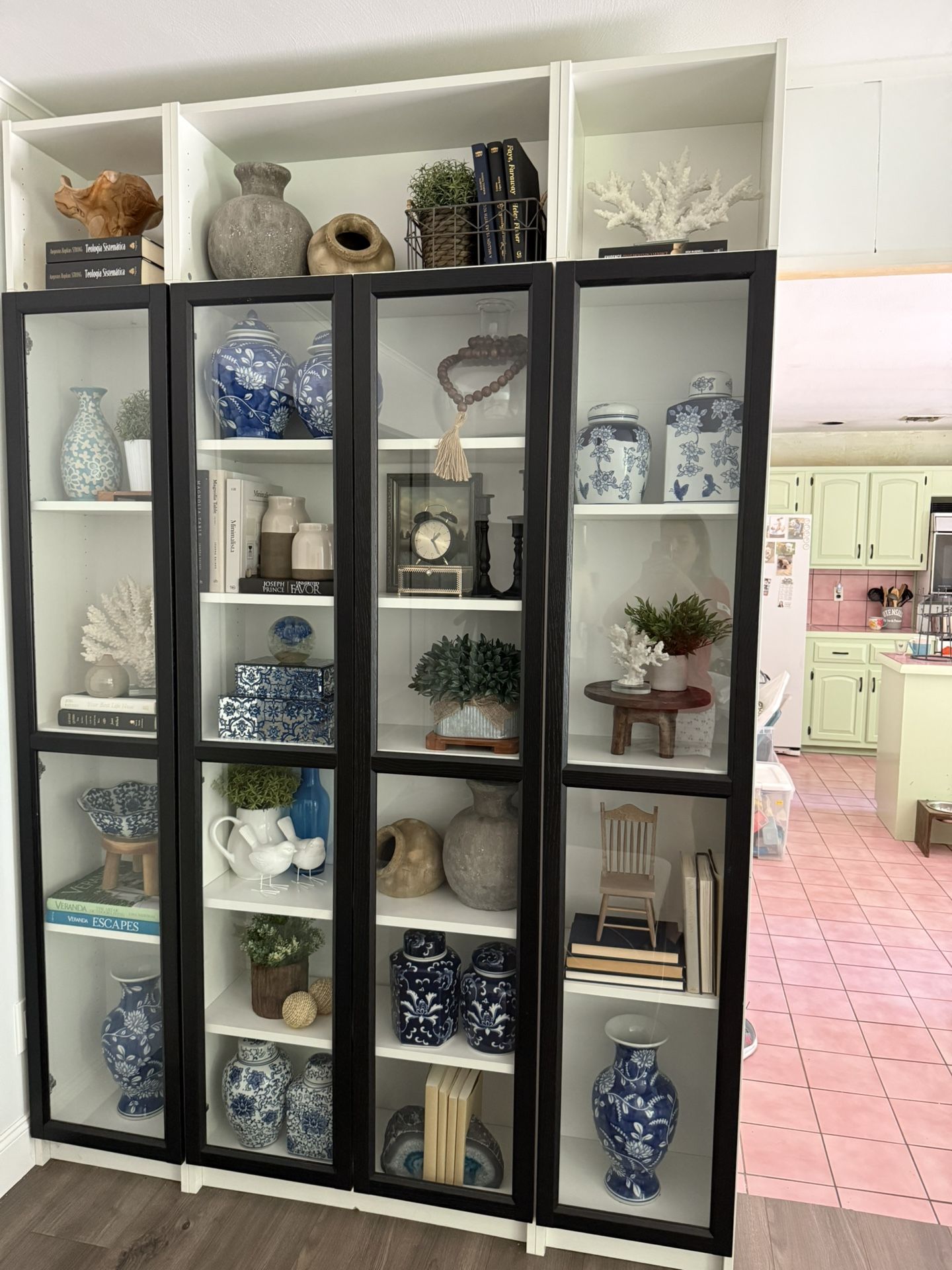 shelving unit with glass doors – wood veneer finish, ideal for living room
