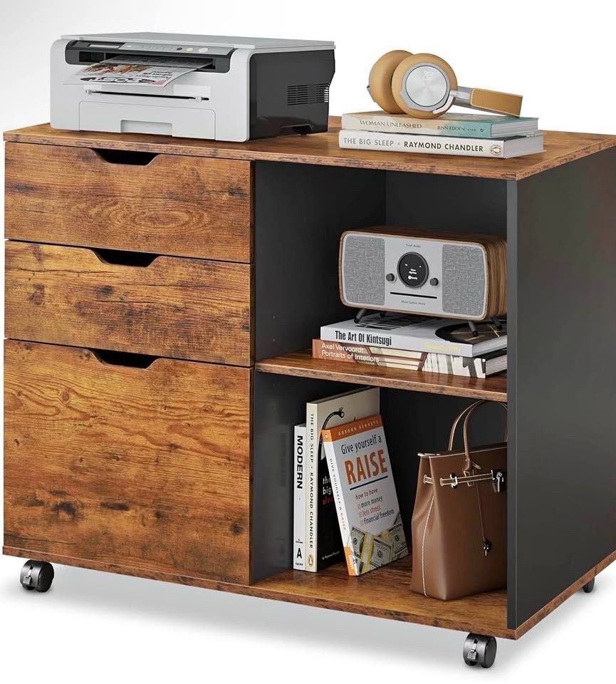3-Drawer Wood File Cabinet, Mobile Lateral Filing Cabinet, Printer Stand with Open Storage Shelves