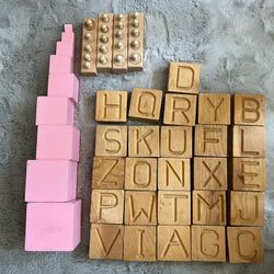 Montessori Pink Blocks, Cylinders, And Finger Tracing Letter