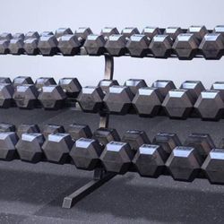 Set Rubber Hexagon Dumbells 2205 lbs Whit XL Rack  ALL BRAND NEW IN BOX Read Description