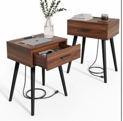 Mid-Century Modern Walnut Nightstand with Charging Station