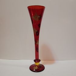 Vintage Ruby Red Glass Flute Vase with Hand Painted Flowers