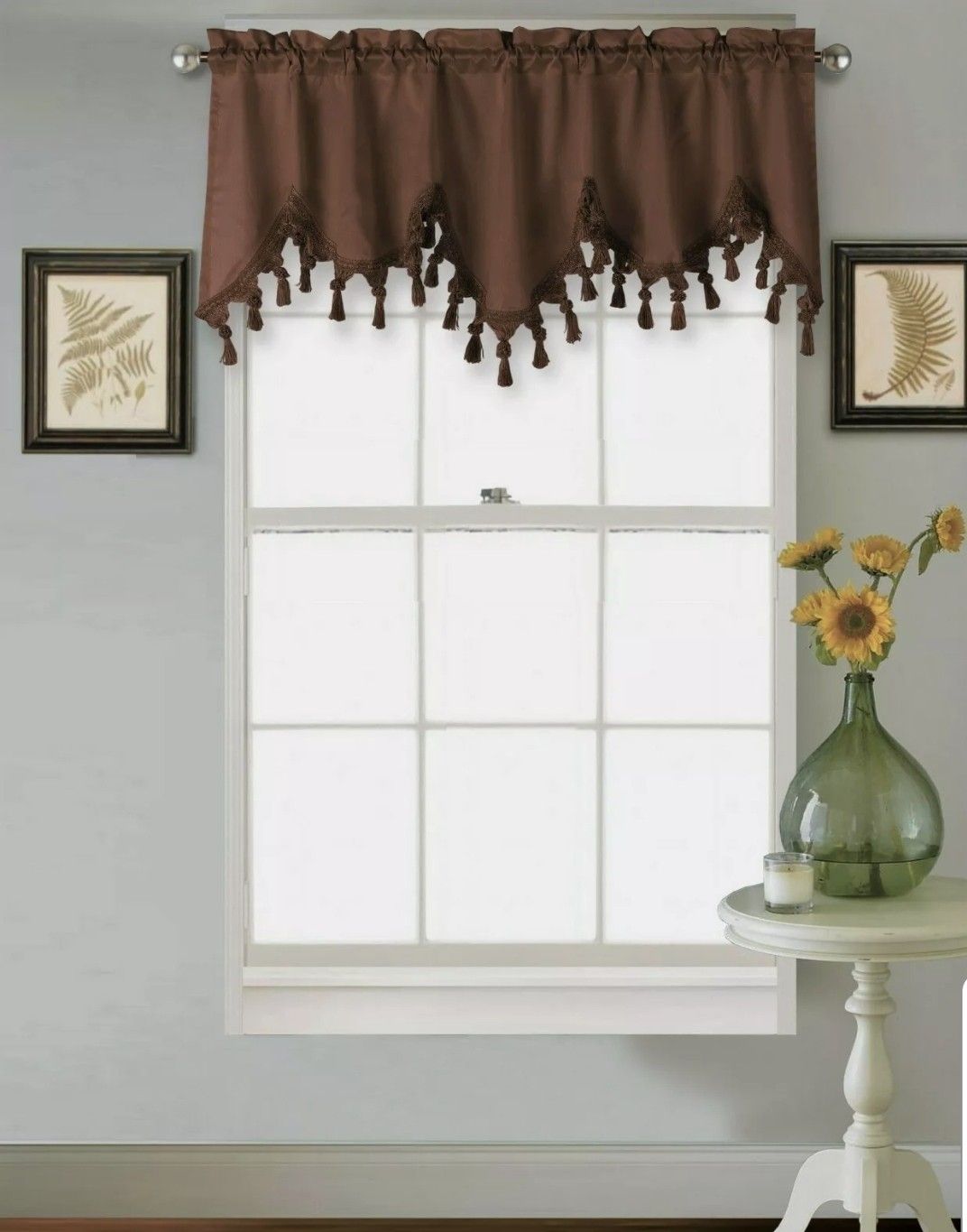 Chocolate Brown Silk Window Valances With Decorative Trim