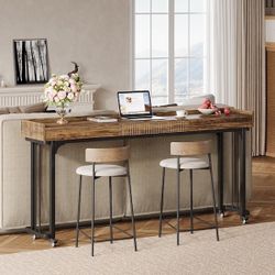 Halseey 78.7 in. Rectangular Brown Wood Overbed Table Computer Desk with Wheels Storage, Over Bed Makeup Table w/ Mirror