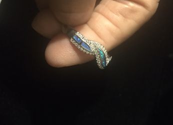 Sterling Silver Elegant Blue Lab Opal Curve Clear CZ Ring