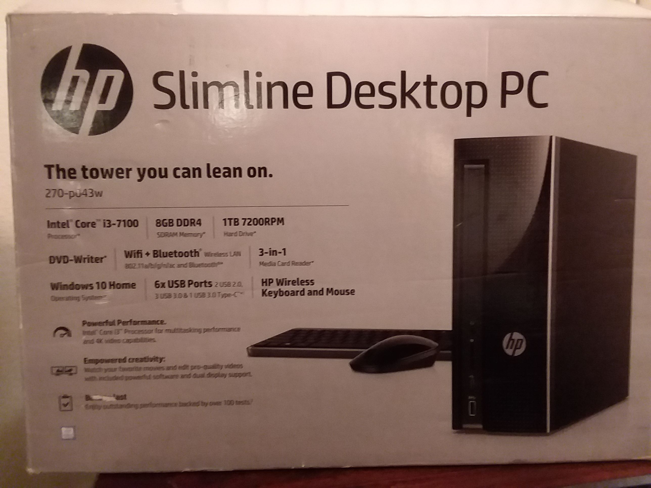 HP Slim 270-p043w DesktopTower, Intel Core i3-7100 Processor, 8GB Memory, 1TB Hard Drive, Wireless Keyboard and Mouse, Windows 10