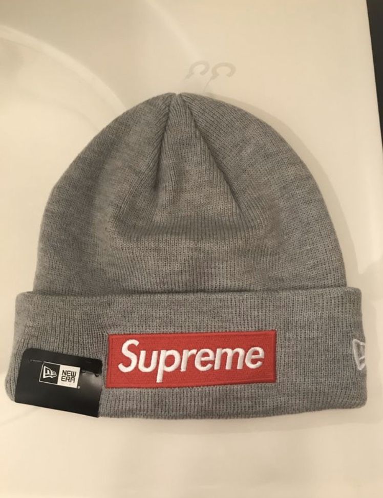 Supreme, New Era Beanie Grey Red Box Logo