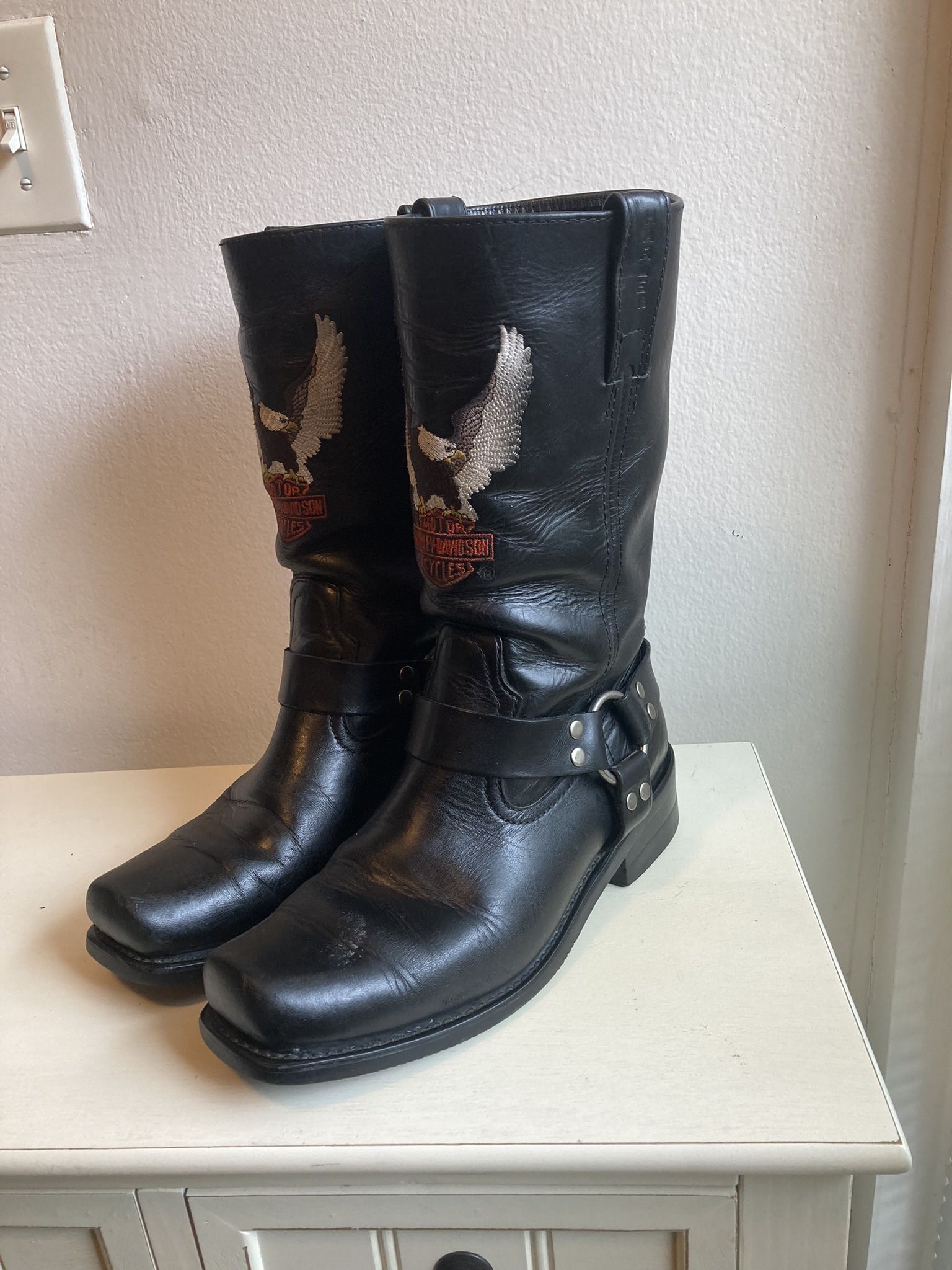 Harley Davidson Embroidered Eagle Leather Motorcycle Harness Boots Black Size 10 | Open To Offers