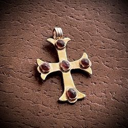 Vintage Vermeil over Sterling Silver Byzantine Cross Pendant with Genuine Garnets