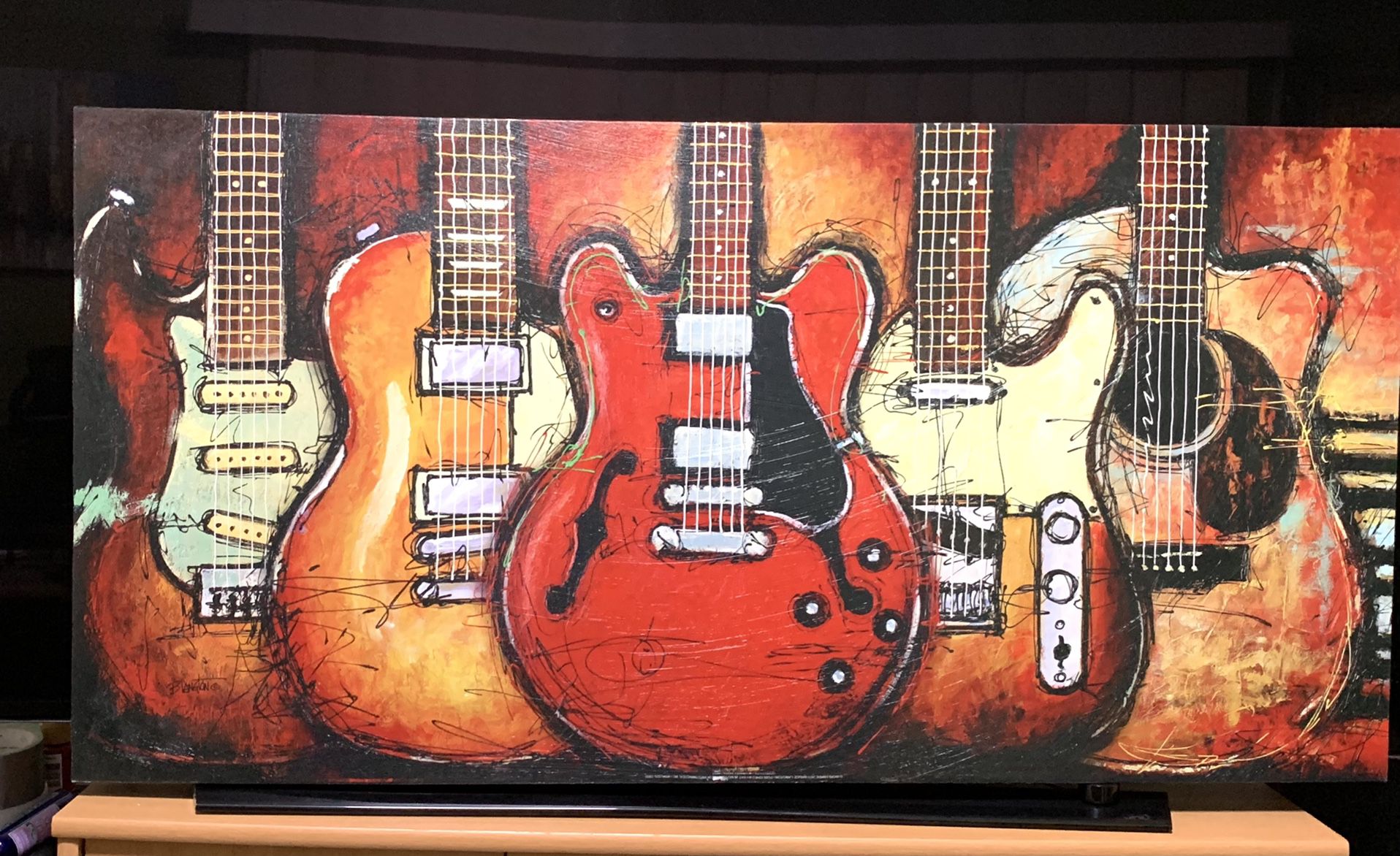 5 GUITARS FENDER/GIBSON ELECTRIC/ACOUSTIC CONAVS WALL HANGING ART DECOR PAINTING, Like New 40”x20”x1.5”