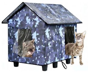 Elevated Insulated Outdoor Cat House Weatherproof - 20"x19"x17" Waterproof PVC Top & Aluminum Film Liner Camouflage Feral Cat Shelters for Keeping Cat