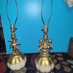 Set Of 2 Vintage Hollywood Regency Cherub Table Lamp