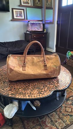 Vintige World Map Print Leather Barrel Bag