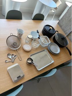 Moveout Sale: Pots, pans, baking sheet, glassware set, measuring spoons, etc
