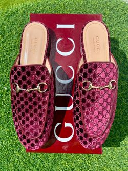 GUCCI PRINCETOWN MULE LOAFERS BURGUNDY GG MONOGRAM GOLD HORSEBIT SZ 40 NEW