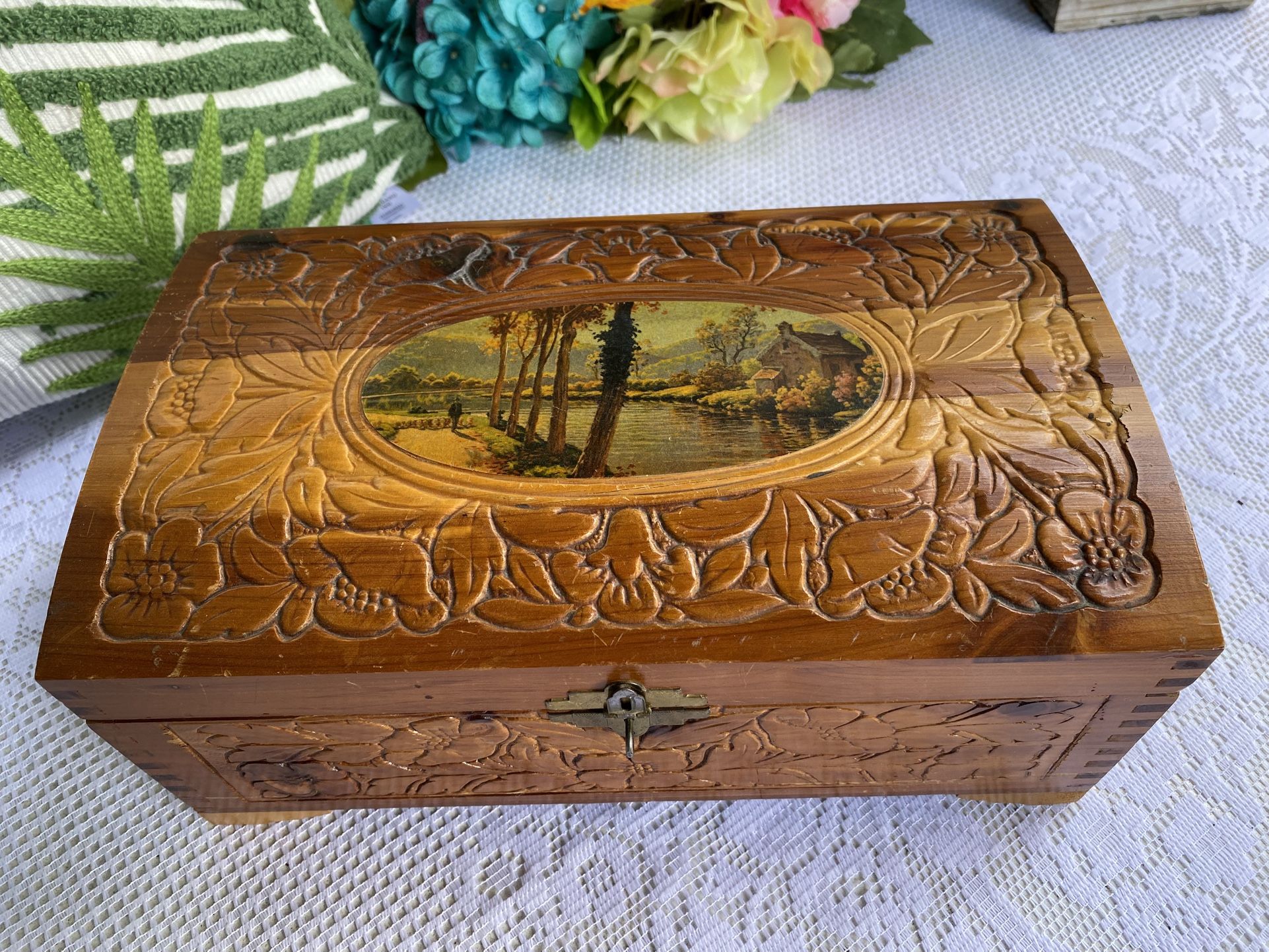 Antique Vintage Wooden Carved Jewelry Trinket Box with Mirror