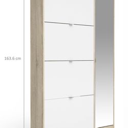 Shoes Cabinet with 4 Flap & 1 mirror Door, Oak Structure/White High Gloss