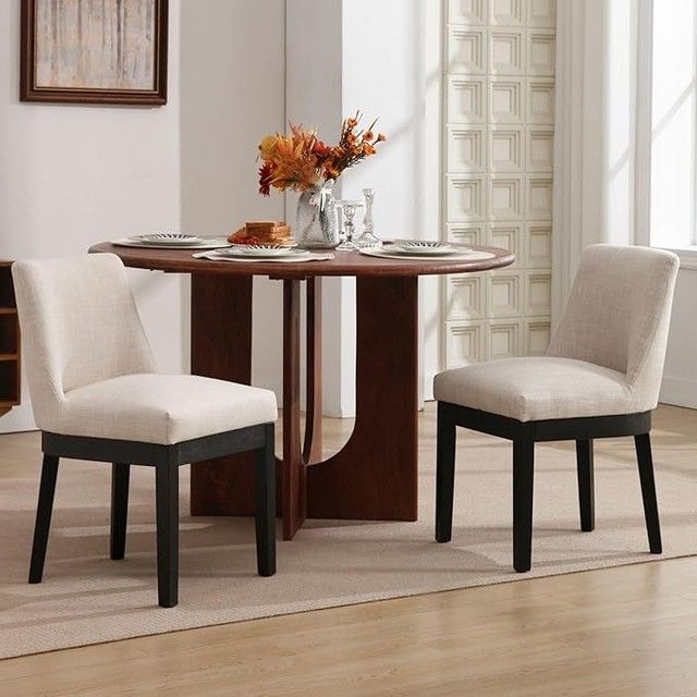 Dining Chairs with Black Wood Legs, Set of 2 Linen Upholstered Dining Chairs with Curved Backrest,