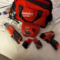 M12 FUEL 12V Lithium-Ion Cordless 3/8 in. Ratchet and 1/4 in. Impact Driver Kit (2-Tool) w/Batteries, Charger & Bag 