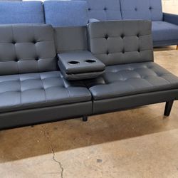 New Modern Futon Sofa Faux Leather Black Color  See Pictures For Dimensions 