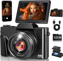4K Digital Camera WiFi 180° Flip Screen Autofocus 64MP 16X Zoom, Black