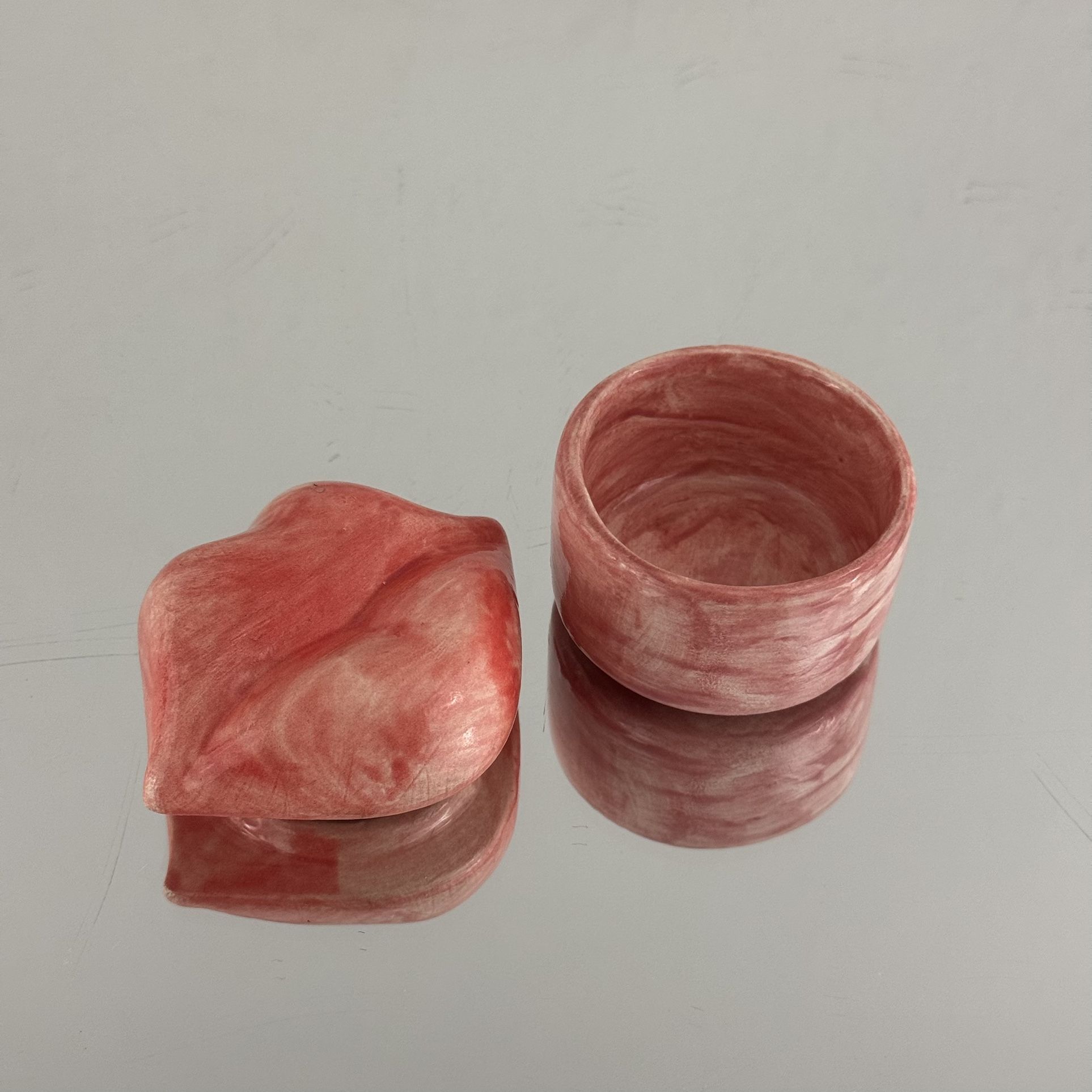 Handmade Y2K Pink Coral Painted Plump Lips Ceramic Mini Trinket Container Box