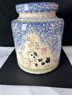 Molly Dallas Hand painted Blue Spongeware Ceramic Canister with Farm Animals