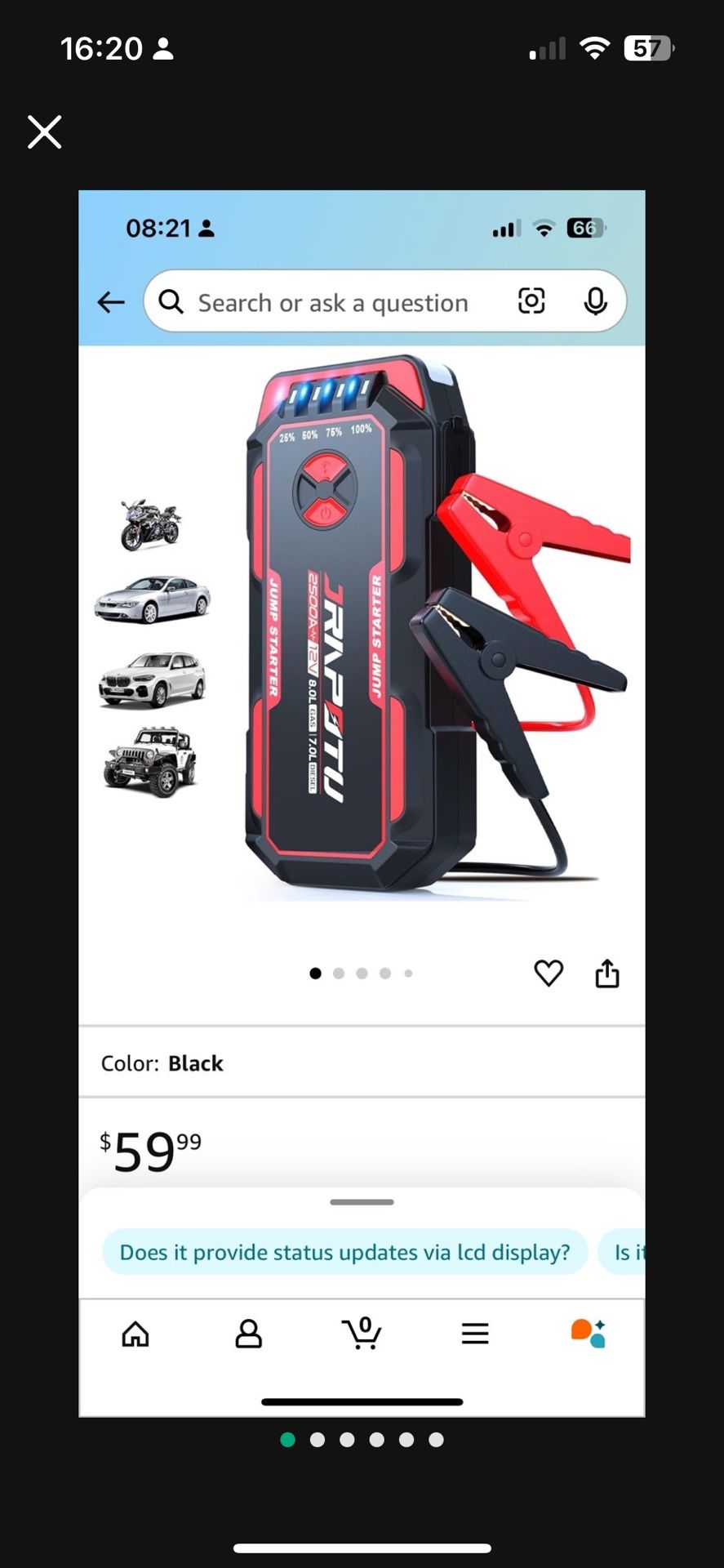 Portable Car Jump Starter, 2500A Peak Battery Jumper Starter Portable, Jump Box for Car Battery, 12V Portable Jump Starter for 8.0L Gas & 7.0L Diesel