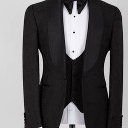 Brand New Black Satin Collar Black Suit Tuxedo In Size 38