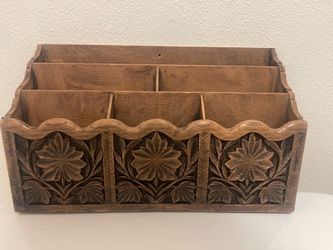 Hand-Carved Wooden Desk Organizer / Letter Holder