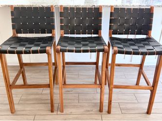Set of 3 wood and Woven Leather Bar Stools