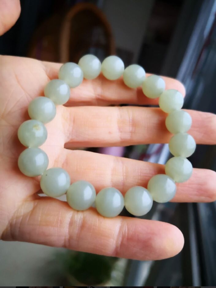 Hetian Jade Bracelet 12mm — High White Skin, Collectible