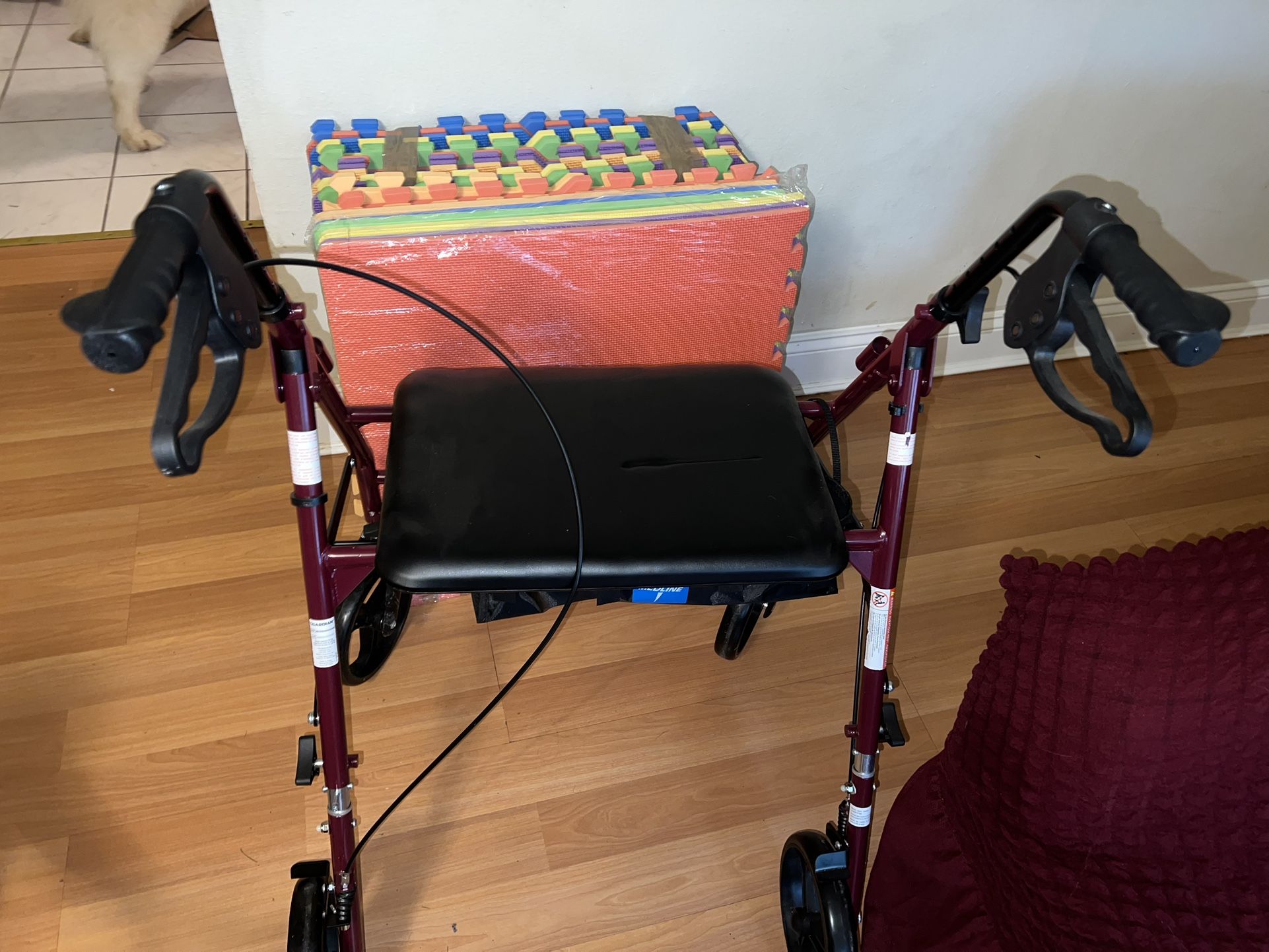 Medline Large Steel Foldable 8” Wheels Bariatric Rollator Walker with Adjustable Handles, Padded Seat & Backrest, Burgundy