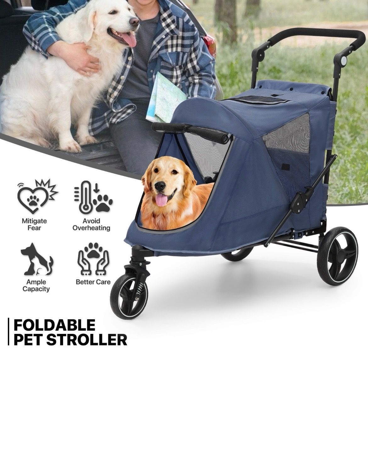 Folding Dog Stroller Blue Portable Pet Travel Carrier Cart with Foot Activated Lock Cat Stroller,Pet Stroller,Small Animal Cart,Adjustable Handlebar