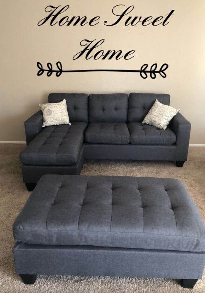Brand New Grey Linen Sectional Sofa Couch +Ottoman (New In Box)