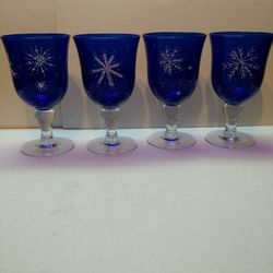 4 Cobalt Blue Wine Glasses Goblets With Clear Stem And White Snowflake