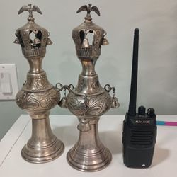 Antique Sterling Silver Judaica Torah Ornament Rimonim Crown Two Pieces Handmade 