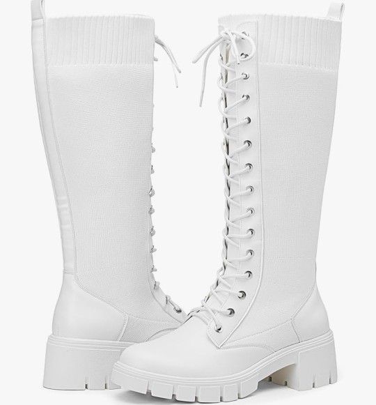 Women's Black Lace Platform Combat Knee High Boots with Comfort 953 Chunky