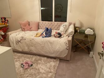 Twin Trundle Bed pink suede with 2 Twin Mattresses