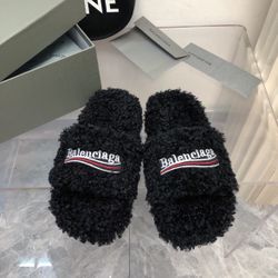Balenciaga black fuzzy slides 