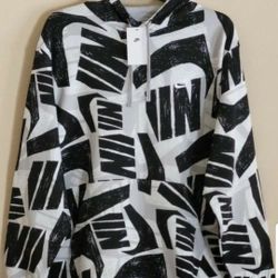 NIKE SPORTWEAR CLUB AOP MEN'S FLEECE PULLOVER THICK HOODIE SWEATER SIZE LARGE WHITE/BLACK/LIGHT SMOKE GREY BRAND NEW WITH TAGS CHECK OUT MY OFFERS. 