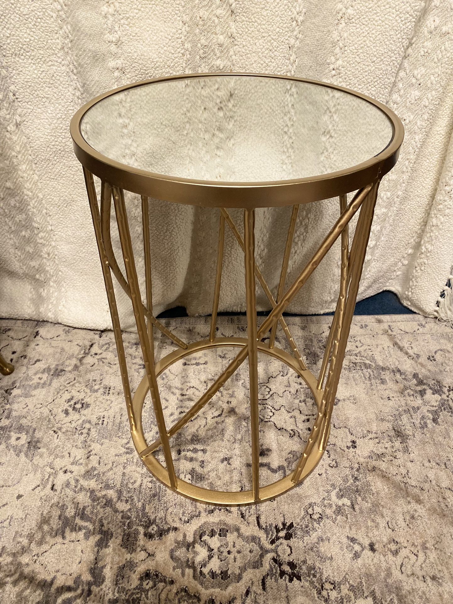 Stylish Round Mirror Top Side/End Table with Gold Metal Frame Perfect