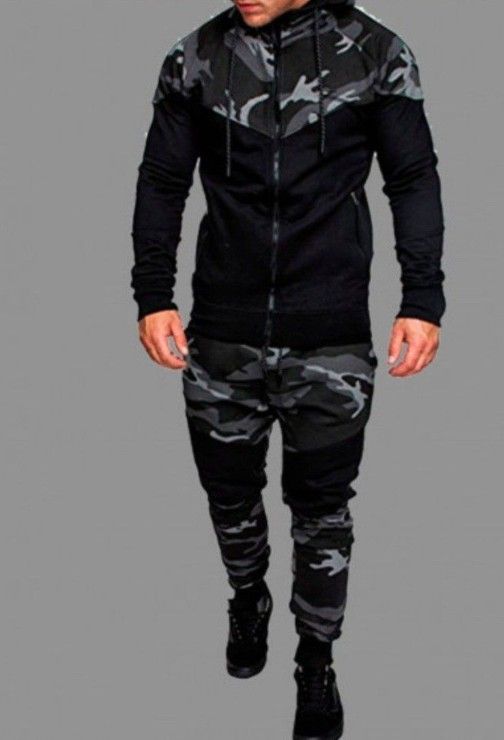 Hooded Collar Zipper Design Camo Two-Piece Pants Set