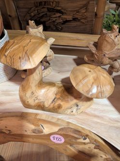 Hand-Carved Wood Mushroom Sculpture