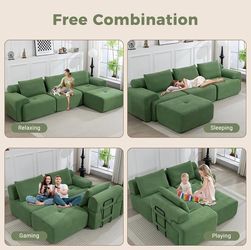 120.08'' green/Sofa Bed with Memory Foam, Corduroy Fabric Modular Sofa with Steel Frame
