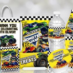 Monster Truck Birthday Party Theme Labels Wraps Stickers Chip Bags Candy Bags Centerpieces