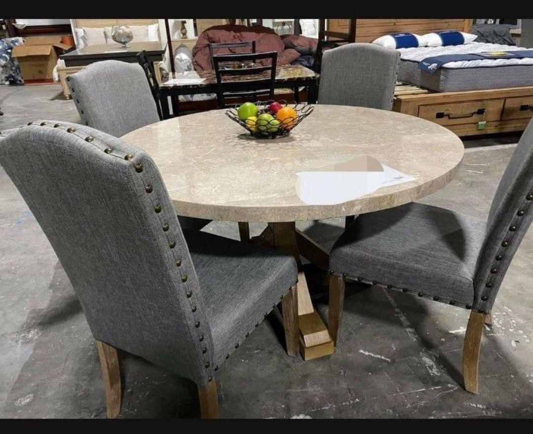 Circle Natural Marble Tabletop Dining Table And 4 Chairs🌟 Kitchen/Dining Room Set🔥Financing Options ☑️ Fast Delivery 💯 On Display 🏠